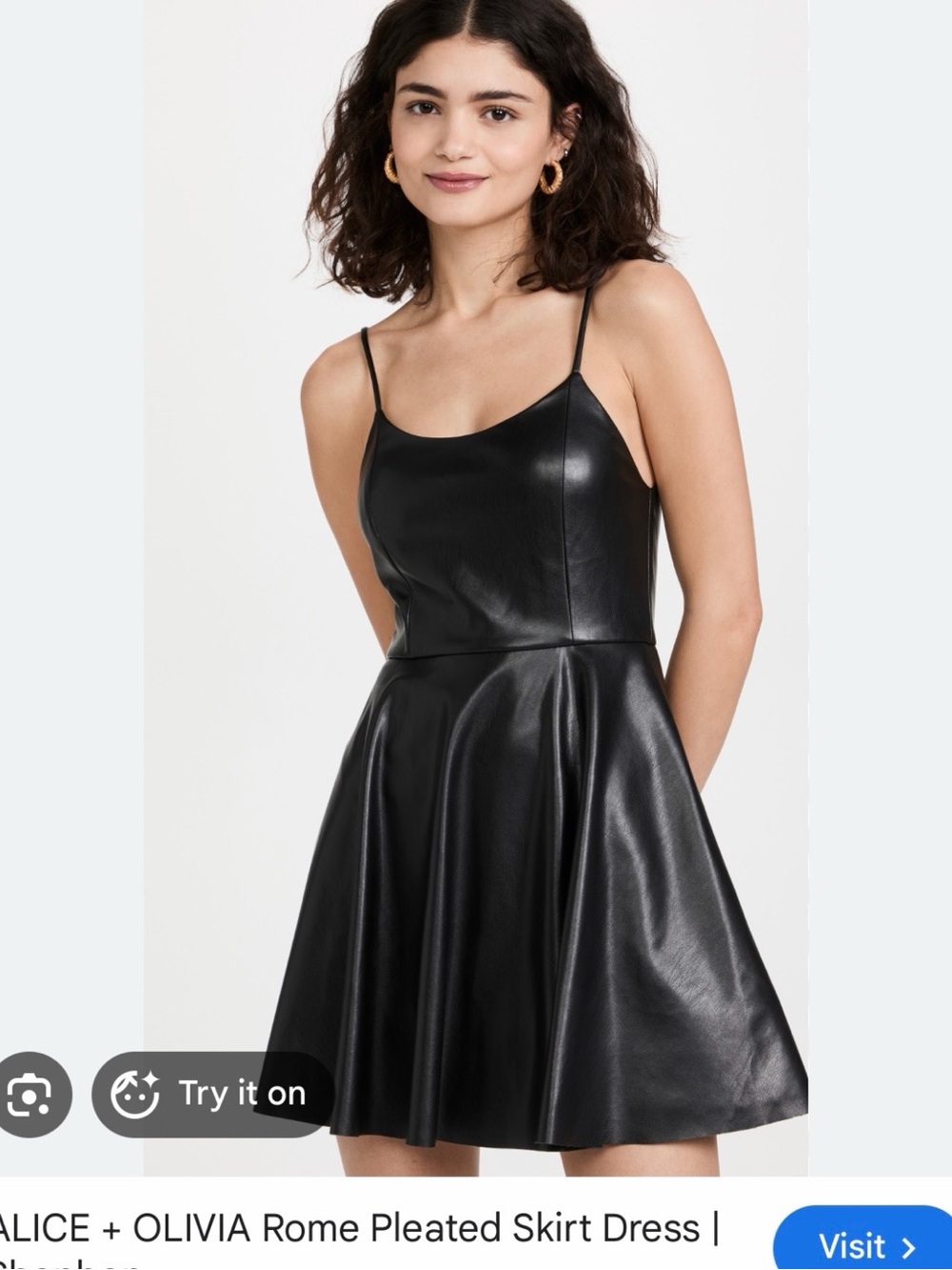 Alice + Olivia Black Faux-Leather Spaghetti-Strap Skater Dress